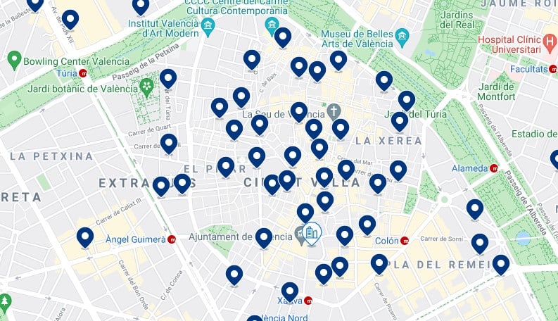 Alojamiento en Ciutat Vella - Clica sobre el mapa para ver todo el alojamiento en esta zona
