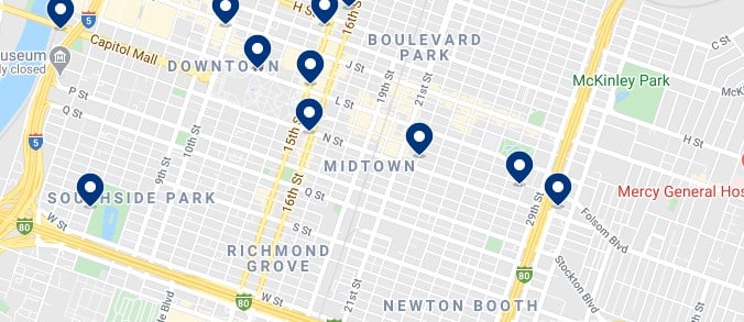 Accommodation in Midtown Sacramento - Click on the map to see all the accommodation in this area