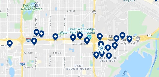 Accommodation around the Mall of America, Minneapolis - Click on the map to see all available accommodation in this area