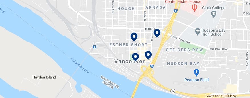 Accommodation in Downtown Vancouver, WA - Click on the map to see all available accommodation in this area