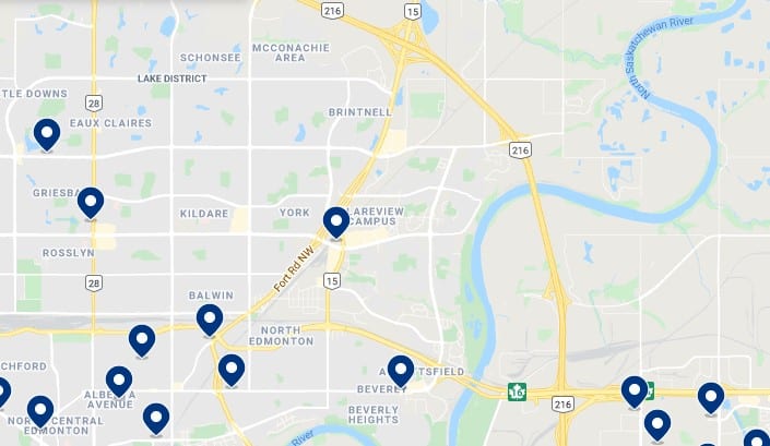 Accommodation in Northeast Edmonton - Click on the map to see all available accommodation in this area
