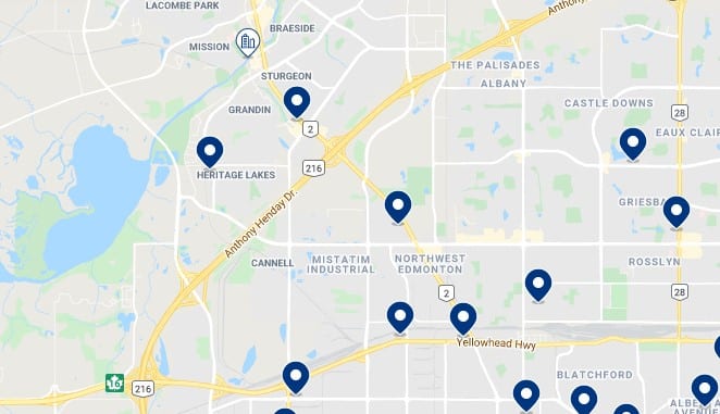 Accommodation in Northwest Edmonton - Click on the map to see all available accommodation in this area