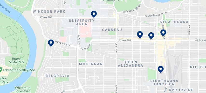 Accommodation in Strathcona & South Central Edmonton - Click on the map to see all available accommodation in this area