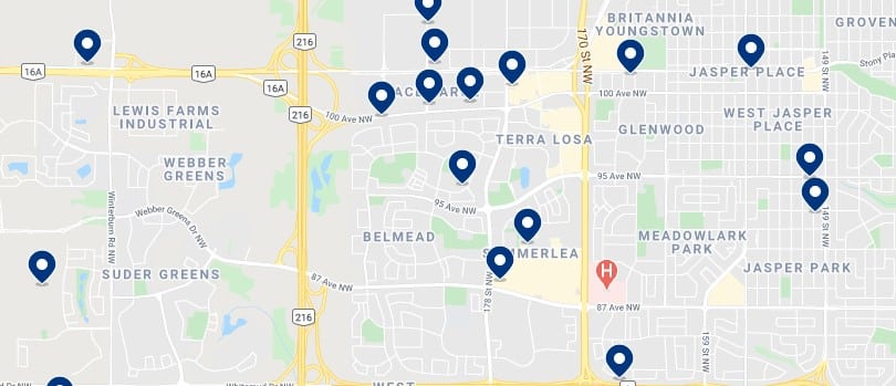 Accommodation in West Edmonton - Click on the map to see all available accommodation in this area