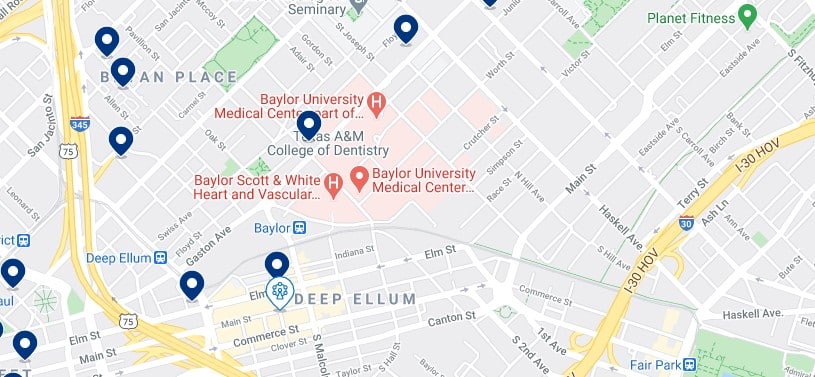 Accommodation in Deep Ellum & Baylor District - Click on the map to see all available accommodation in this area