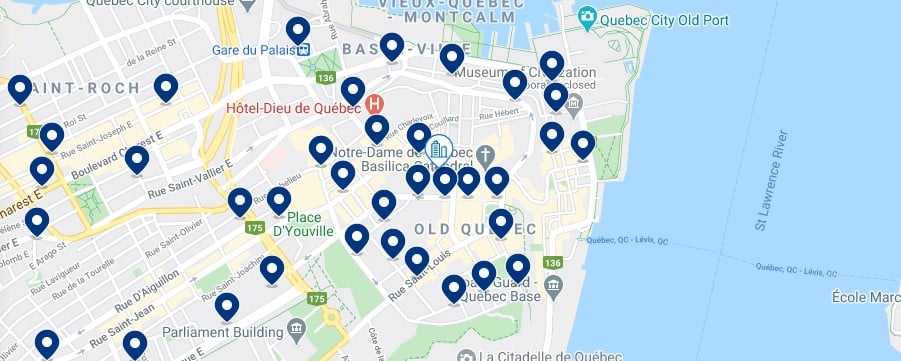 Accommodation in Vieux Quebec - Click on the map to see all available accommodation in this area