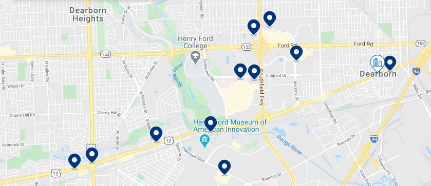 Alojamiento en Dearborn - Clica sobre el mapa para ver todo el alojamiento en esta zona