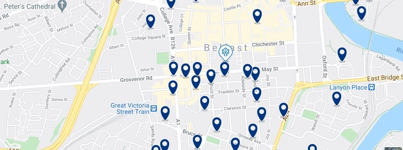 Accommodation in Belfast City Centre - Click on the map to see all the accommodation in this area