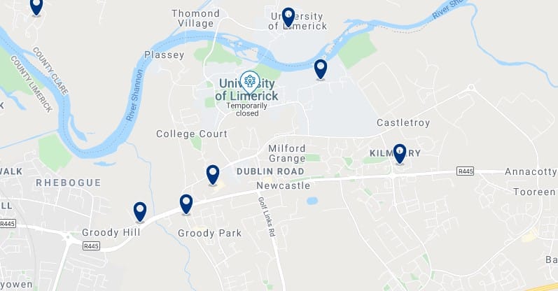 Accommodation in Castletroy - University of Limerick - Click on the map to see all the accommodation in this area