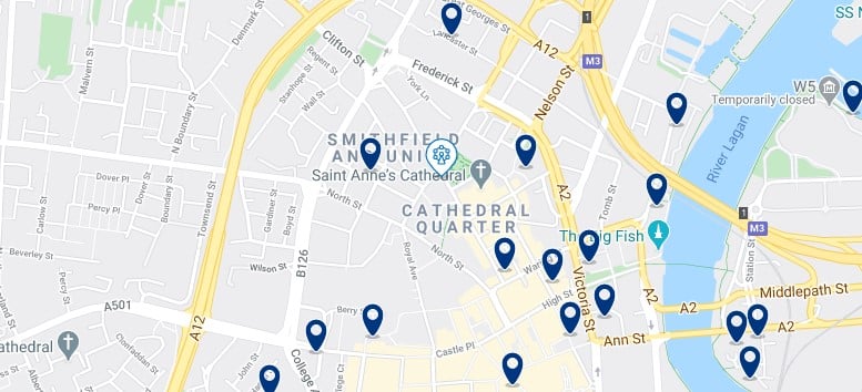 Accommodation in Cathedral Quarter - Click on the map to see all the accommodation in this area