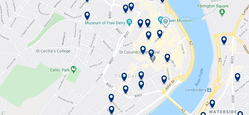 Accommodation in Derry City Centre - Click on the map to see all the accommodation in this area