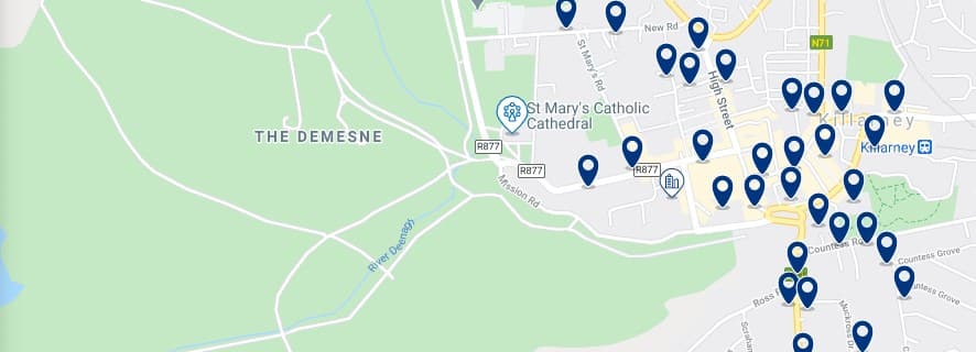 Accommodation in Killarney Town Centre - Click on the map to see all the accommodation in this area