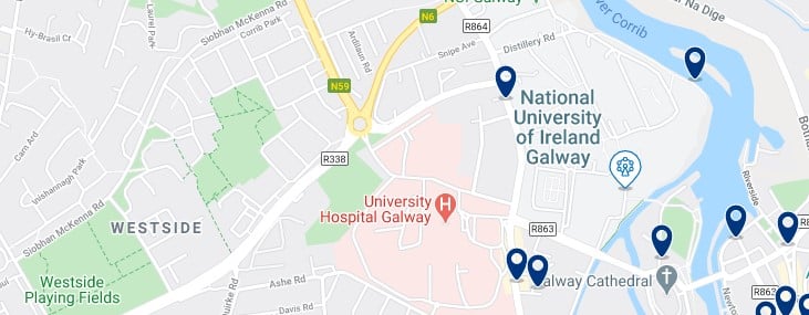 Accommodation near the National University of Ireland, Galway - Click on the map to see all the accommodation in this area