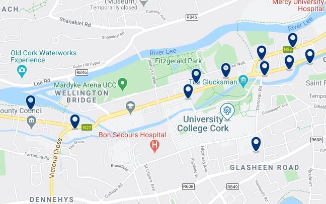 Accommodation around University College Cork - Click on the map to see all the accommodation in this area