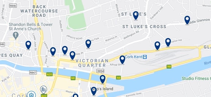 Accommodation in the Victorian Quarter and around Kent Station Cork - Click on the map to see all the accommodation in this area