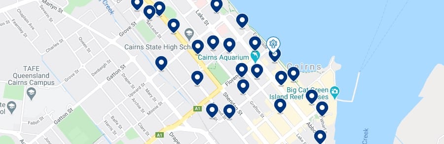 Accommodation in Cairns CBD - Click on the map to see all the accommodation in this area