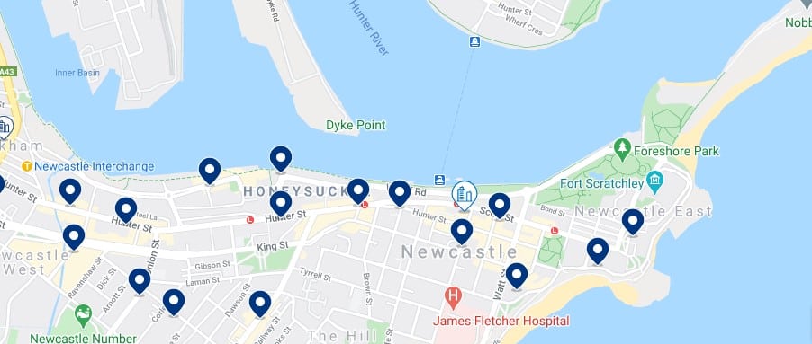 Accommodation in Central Newcastle, NSW - Click on the map to see all the accommodation in this area