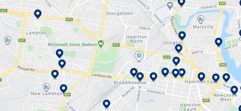 Accommodation in Hamilton, Newcastle, NSW - Click on the map to see all the accommodation in this area