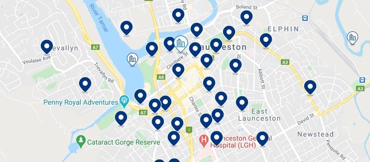 Accommodation in Launceston CBD - Click on the map to see all the accommodation in this area