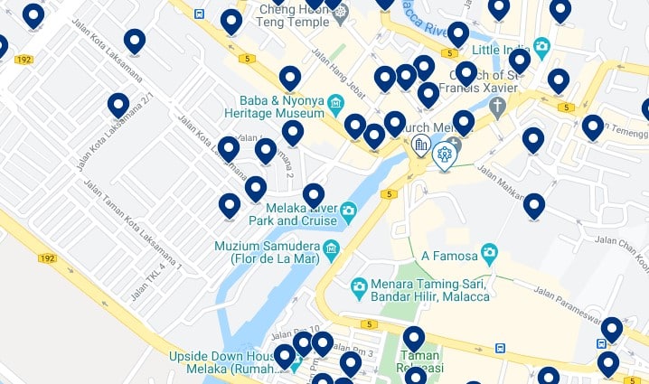 Accommodation in Melaka Old Town - Click on the map to see all the accommodation in this area