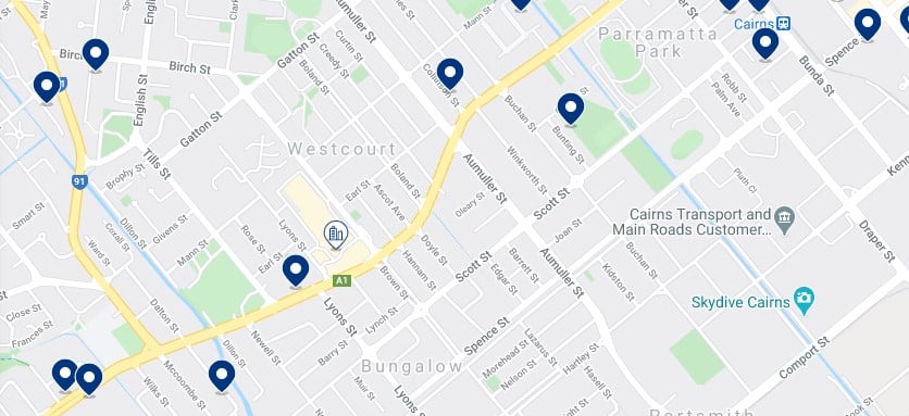 Accommodation in Parramatta Park & Westcourt - Click on the map to see all the accommodation in this area