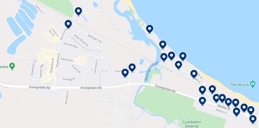 Accommodation in Belongil Beach and Sunrise Beach - Click on the map to see all the accommodation in this area