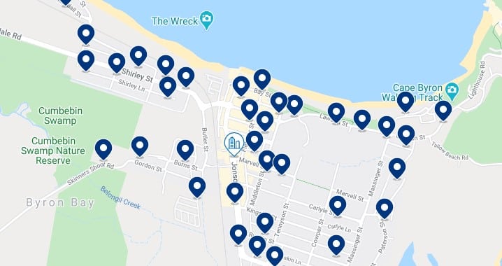 Accommodation in Main Beach & Byron Bay CBD - Click on the map to see all the accommodation in this area