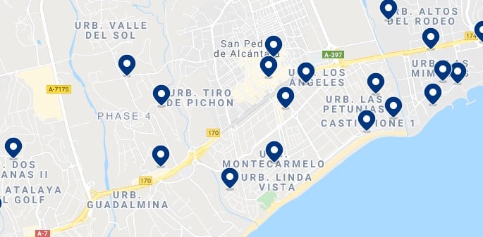 Accommodation in San Pedro de Alcántara - Click on the map to see all available accommodation in this area