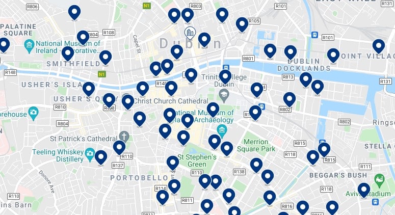Accommodation in Dublin City Centre - Click on the map to see all the available accommodation in this area