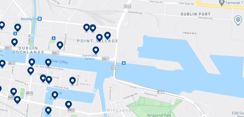 Alojamiento en Dublin Docklands y cerca del puerto de Dublín - Haz clic en el mapa para ver todo el alojamiento disponible en esta zona