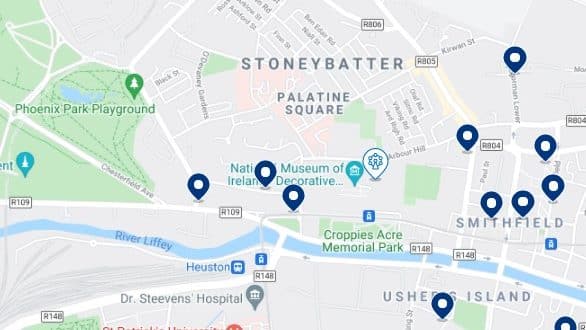 Accommodation in Stoneybatter & Smithfield - Click on the map to see all the available accommodation in this area
