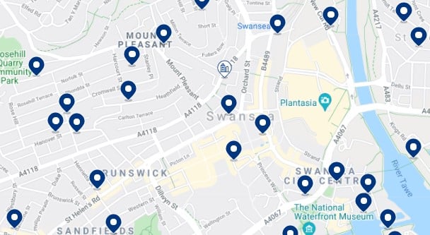 Accommodation in Swansea City Centre - Click on the map to see all the available accommodation in this area