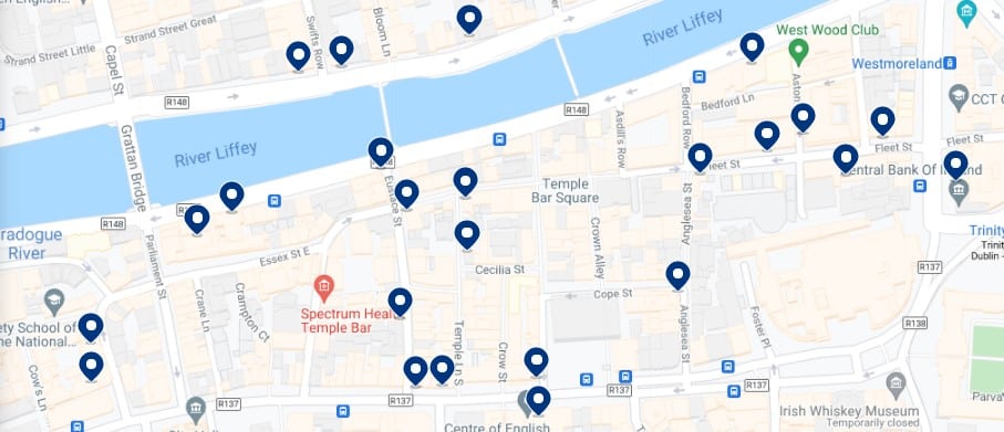 Alojamiento en Temple Bar, Dublin - Haz clic en el mapa para ver todo el alojamiento disponible en esta zona