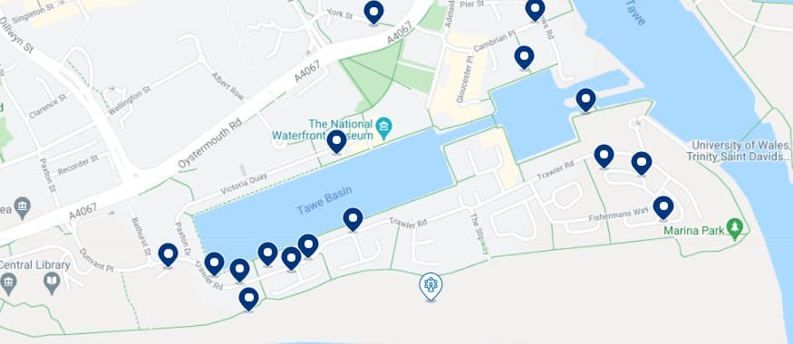 Accommodation in the Maritime Quarter, Swansea - Click on the map to see all the available accommodation in this area