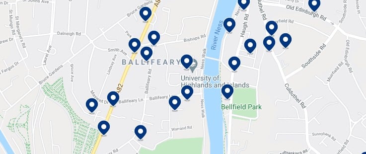 Accommodation in Ballifeary, Inverness - Click on the map to see all the available accommodation in this area