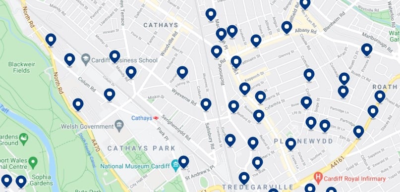 Accommodation in Cathays, Cardiff - Click on the map to see all the available accommodation in this area