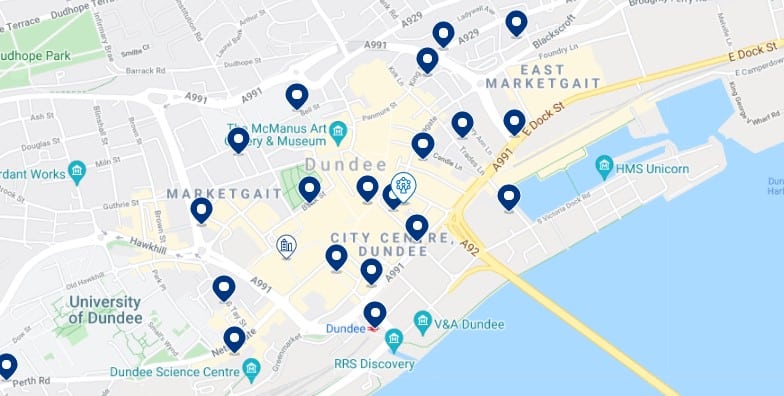 Accommodation in Dundee City Centre - Click on the map to see all the available accommodation in this area