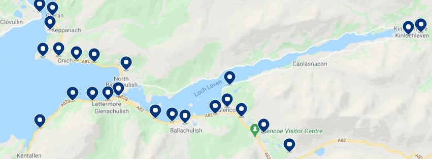 Accommodation in Glencoe & Loch Leven - Click on the map to see all the available accommodation in this area