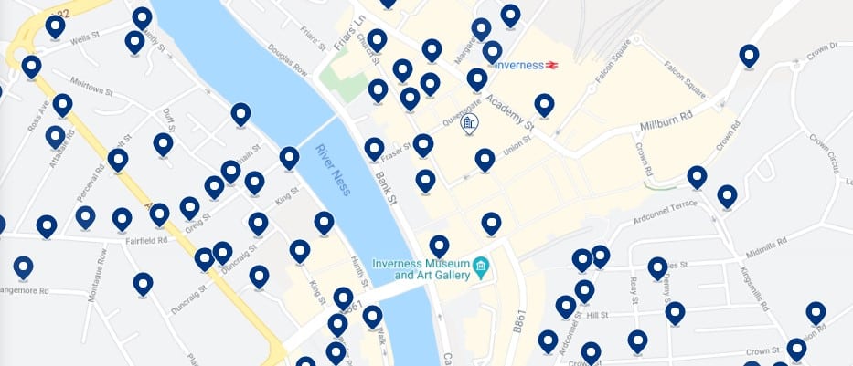 Accommodation in Inverness City Centre - Click on the map to see all the available accommodation in this area