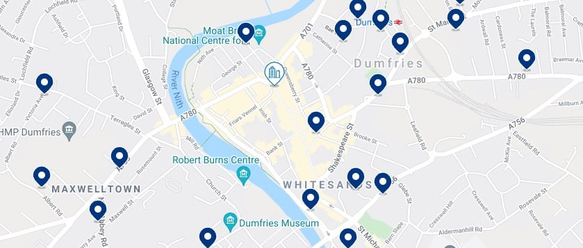 Accommodation in Dumfries Town Centre - Click on the map to see all the available accommodation in this area