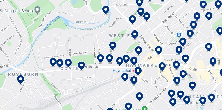 Accommodation in Haymarket and the West End, Edinburgh - Click on the map to see all the available accommodation in this area