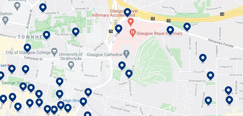 Accommodation in the East End, Glasgow - Click on the map to see all the available accommodation in this area