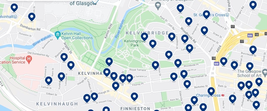 Accommodation in the West End, Glasgow - Click on the map to see all the available accommodation in this area