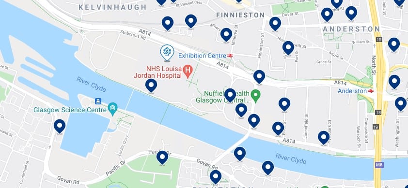 Accommodation near the Scottish Exhibition Centre, Glasgow - Click on the map to see all the available accommodation in this area