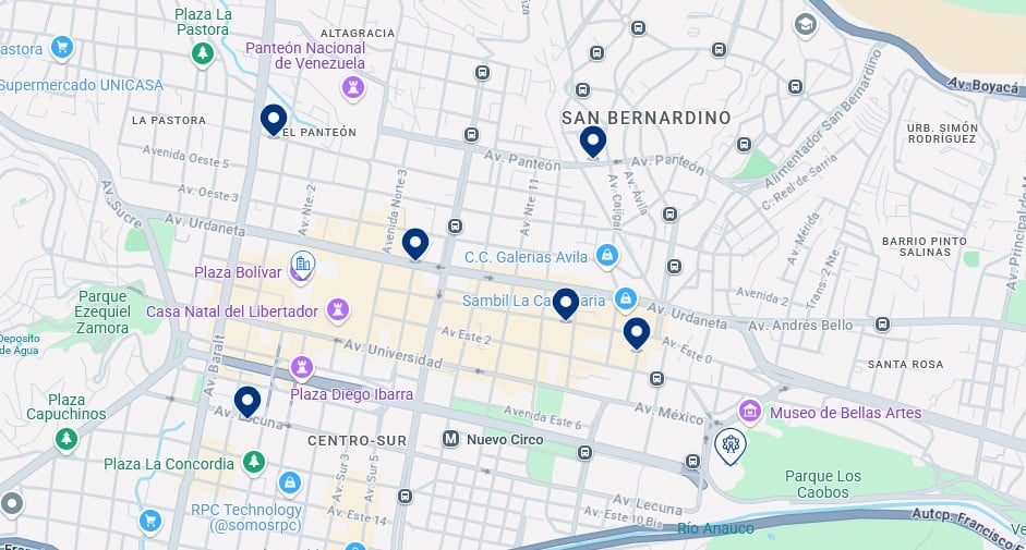 Accommodation in Downtown Caracas - Click on the map to see all available hotels in this area