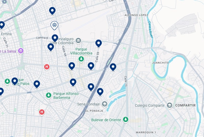 Acomodações no leste de Cali - Clique no mapa para ver todos os hotéis disponíveis nessa área