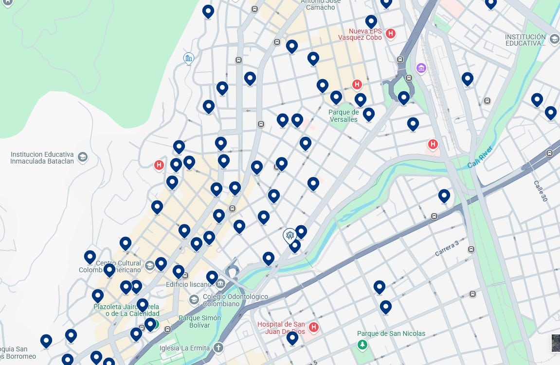 Acomodação em Cali Norte - Clique no mapa para ver todos os hotéis disponíveis nessa área