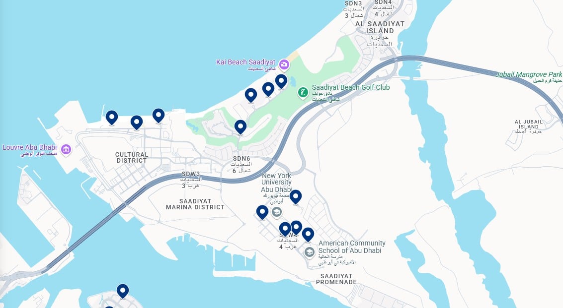 Alojamiento en la Isla Saadiyat - Haz clic en el mapa para ver todos los hoteles disponibles en esta zona.