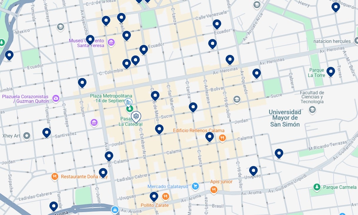 Accommodation in Cochabamba City Center - Click on the map to see all available hotels in this area