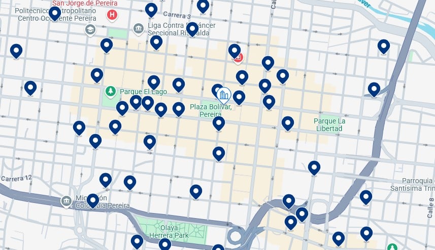 Acomodações no centro de Pereira - Clique no mapa para ver todos os hotéis disponíveis nesta área